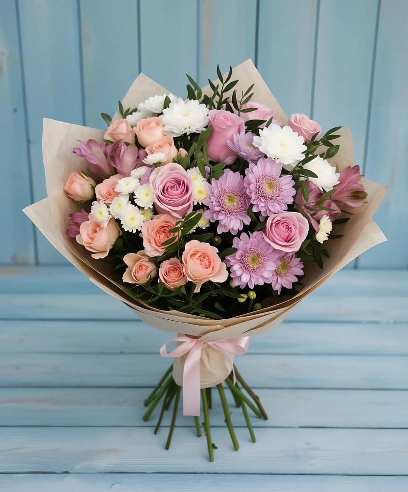 Букет цветов из: Хризантемы, Розы и Альстромерии в Смидовиче