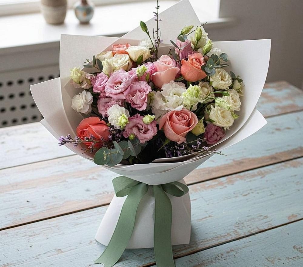 Букет цветов из: Розы, Лизиантусы и Гвоздики в Смидовиче