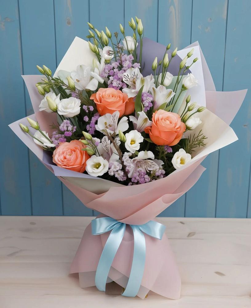 Букет цветов из: Лизиантусы, Розы, Альстромерии и Гипсофила в Смидовиче