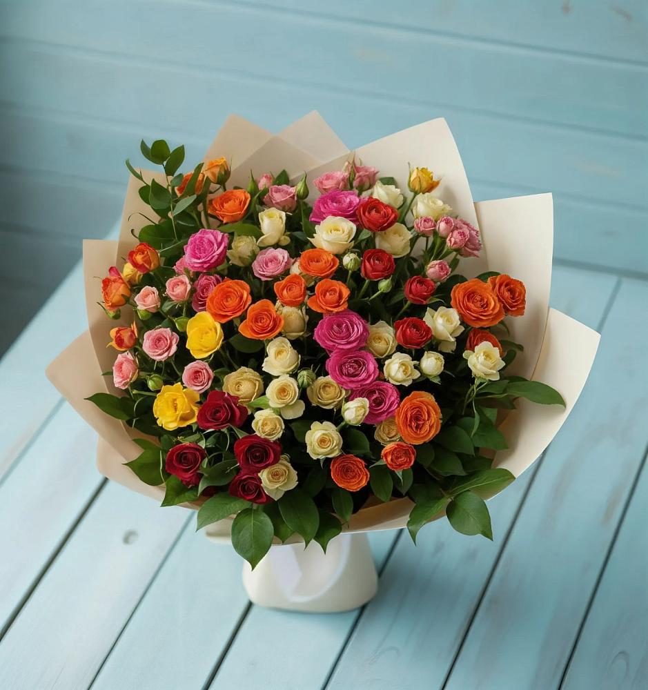 Букет Микс из разноцветных кустовых роз в Смидовиче